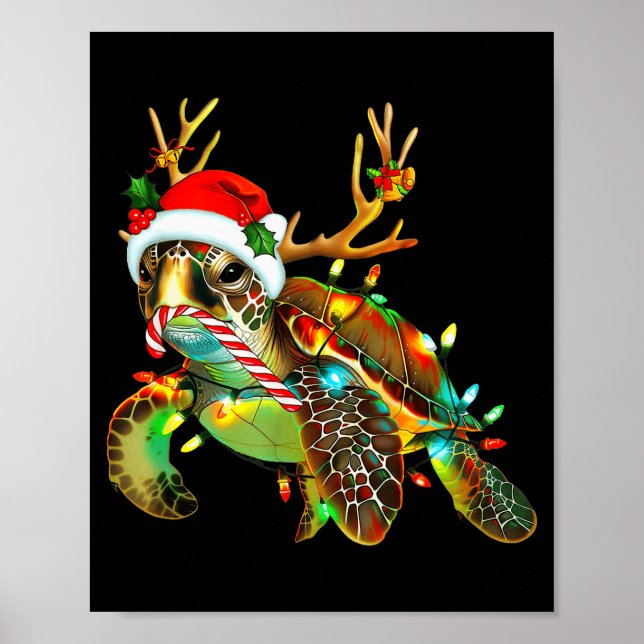 Sea Turtle Christmas Lights Santa Hat Merry Christ Poster (Front)