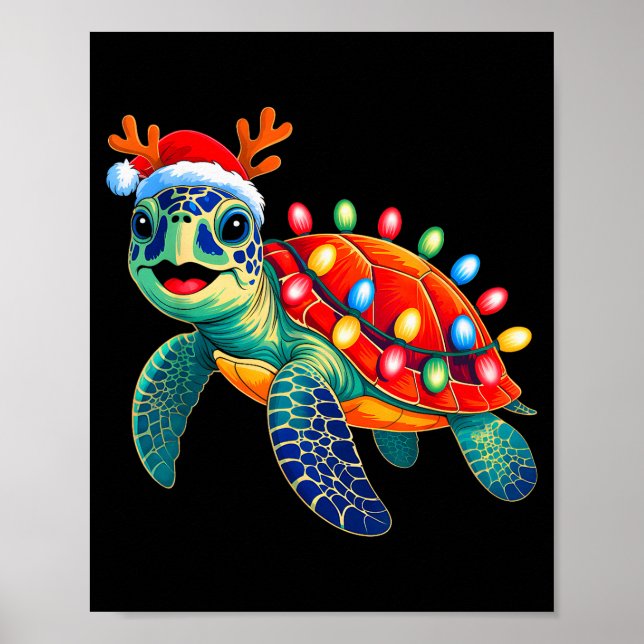 Sea Turtle Christmas Lights Santa Hat Xmas Family  Poster (Front)