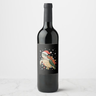 Sea Turtle Christmas Lights Xmas Hat Holiday Wine Label