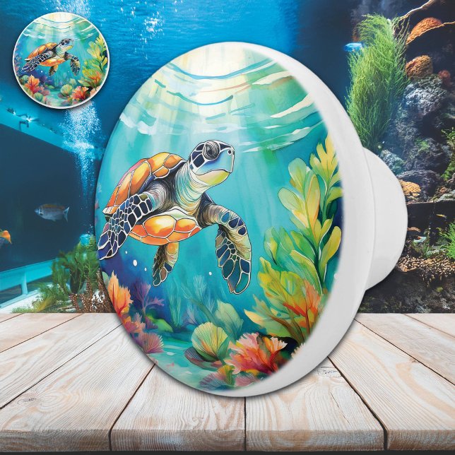 Sea Turtle Colourful Underwater Scene Ceramic Knob (Creator Uploaded)