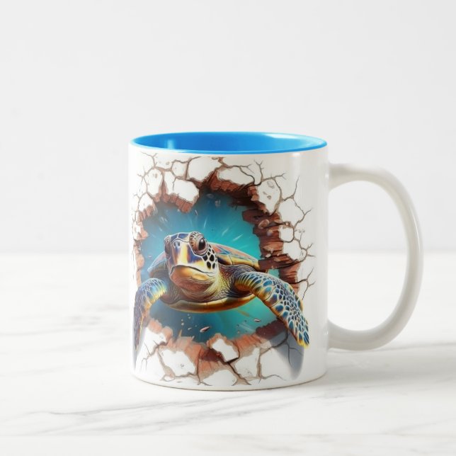 Sea turtle coming out from a wall Two-Tone coffee mug (Right)