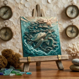 Sea Turtle Coral Reef 3D Faux Metal Ceramic Tile