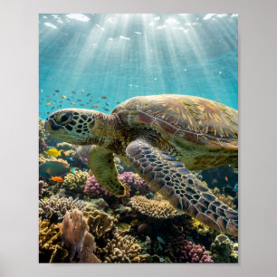 Sea Turtle Coral Reef Ocean Matte Wall Poster
