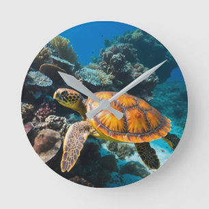 Sea Turtle Coral Reef Underwater Round Clock