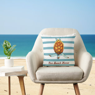 Sea Turtle Custom Beach House on Dark Aqua Stripes Cushion