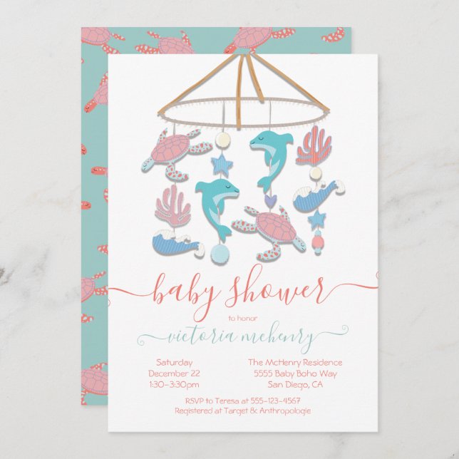 Sea Turtle Dolphin Mobile Baby Shower Invitation (Front/Back)