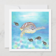 Sea Turtle Drawing Art Flat Thank you / Note Card