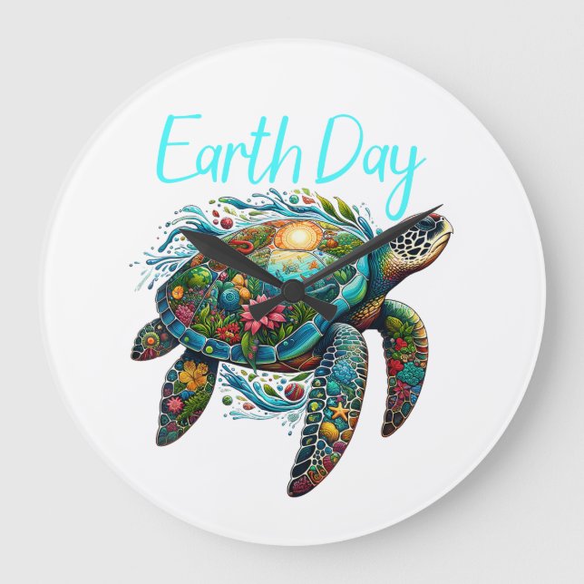 Sea Turtle Earth Day Large Clock (Front)