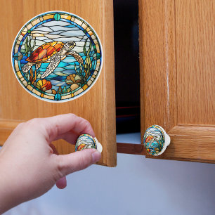 Sea Turtle Faux Stained Glass Ceramic Knob