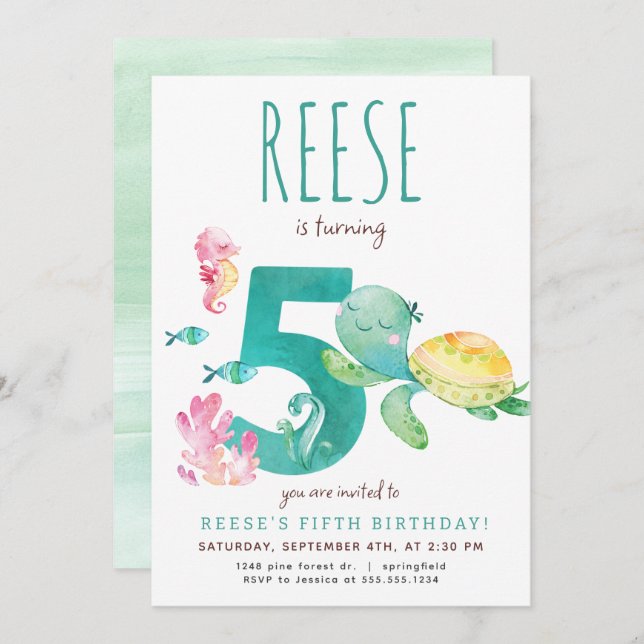 Sea Turtle Fifth Birthday Invitation (Front/Back)