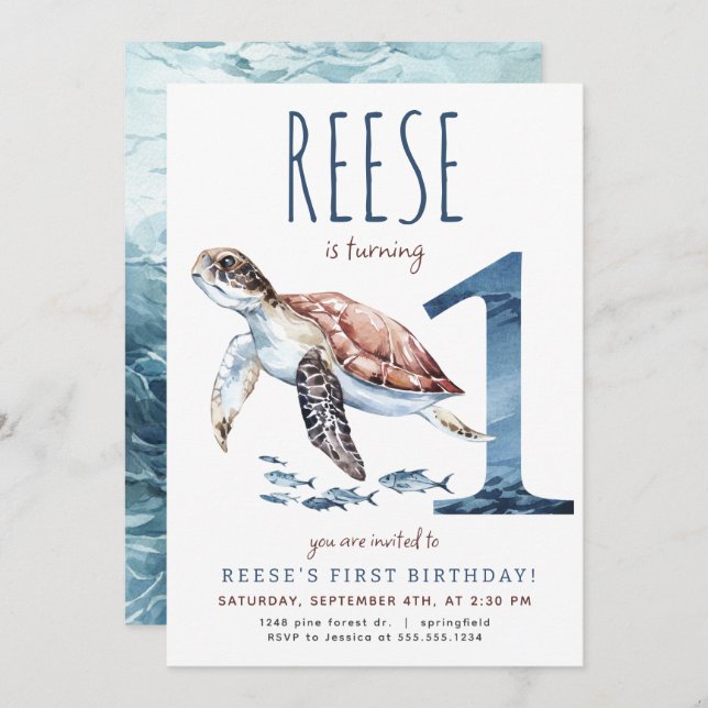 Sea Turtle First Birthday Invitation (Front/Back)