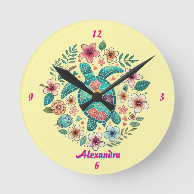 Sea Turtle Floral Boho School Office Name Round Clock (Front)