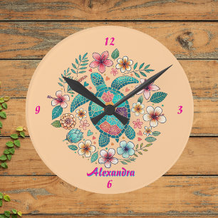 Sea Turtle Floral Boho School Office Name Round Clock