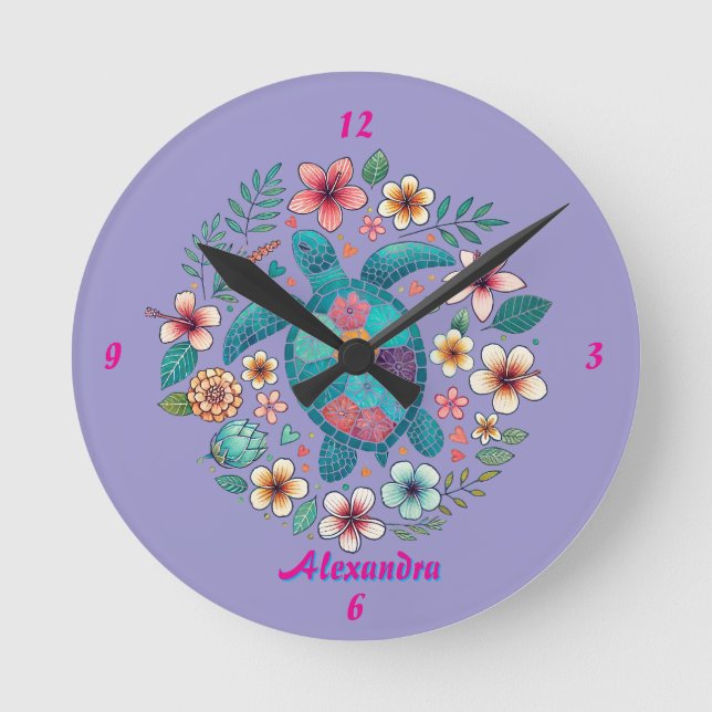 Sea Turtle Floral Boho School Office Name Round Clock (Front)