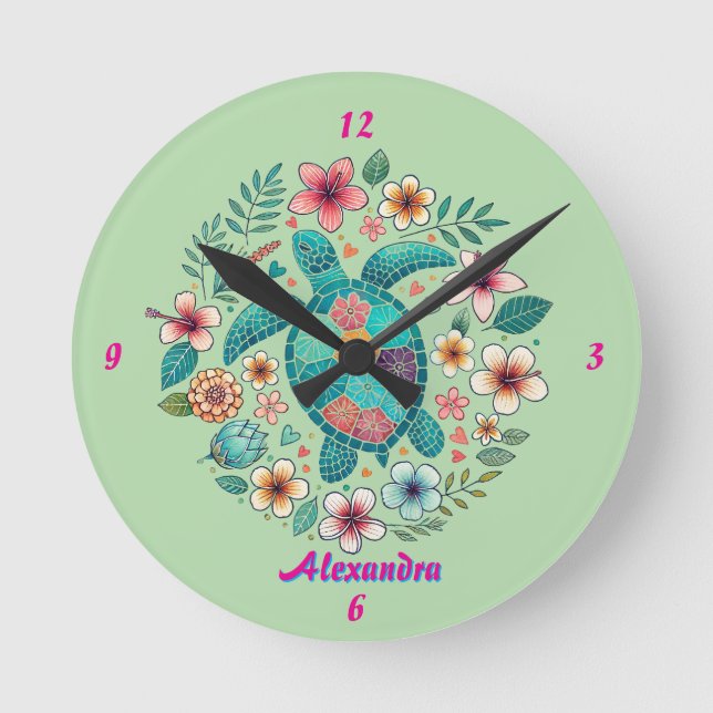 Sea Turtle Floral Boho School Office Name Round Clock (Front)