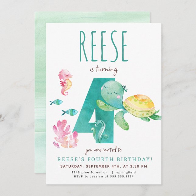 Sea Turtle Fourth Birthday Invitation (Front/Back)
