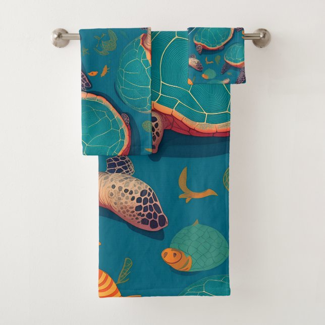 Sea turtle Geometric Colourful Personalised Patter Bath Towel Set (Insitu)