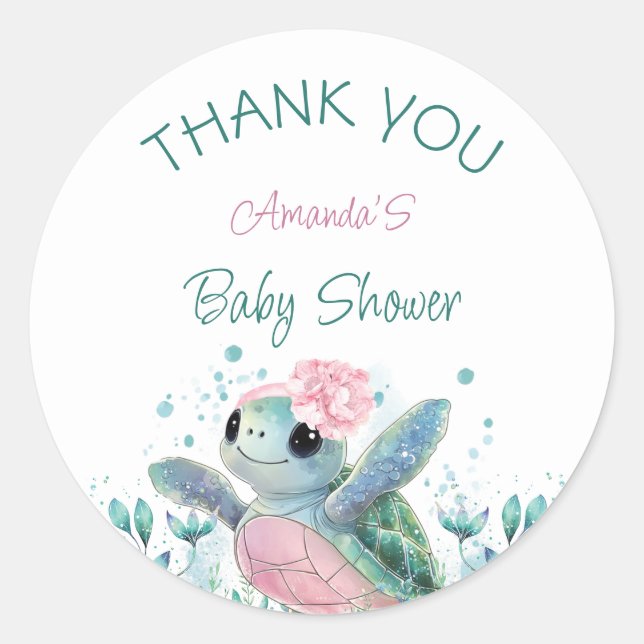 Sea Turtle Girl Baby Shower Thank You Classic Round Sticker (Front)