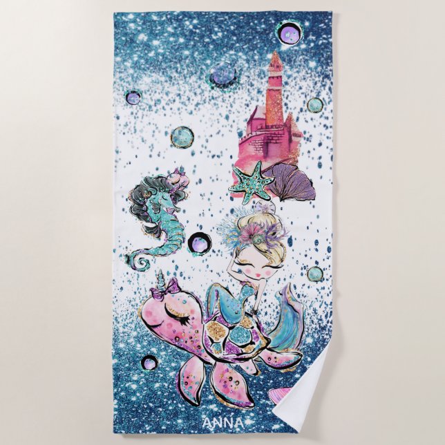 *~* Sea Turtle Glitter Blonde Mermaid Sand Castle  Beach Towel (Front)