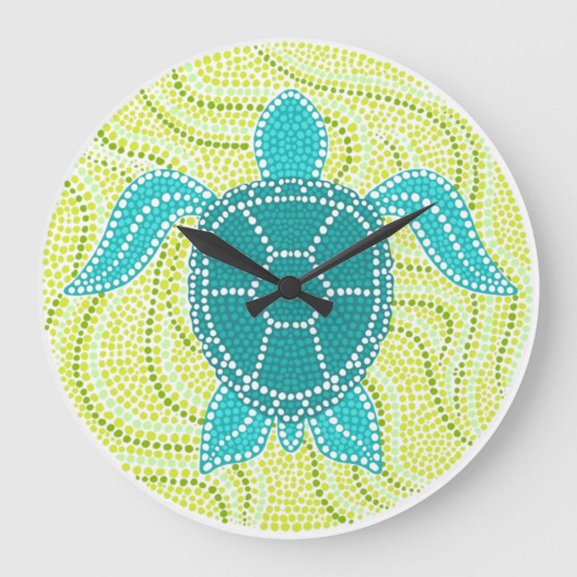 Sea Turtle Green and Blue Dot Design Large Clock (Front)