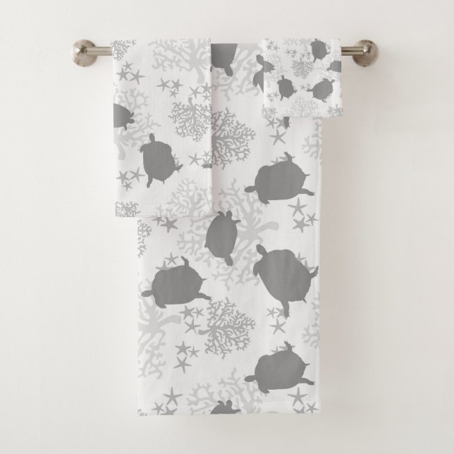 Sea Turtle Grey Ocean Pattern Art Bath Towel Set (Insitu)