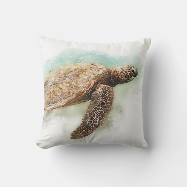 Sea Turtle - Hawaiian Green Sea Turtle Watercolor Cushion (Front)