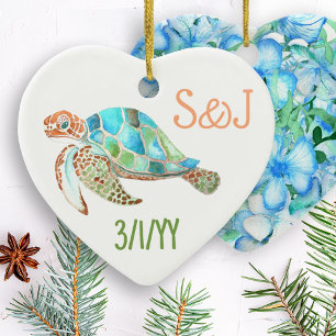 Sea Turtle Heart, Monogram Christmas Ceramic Ornament