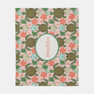 Sea Turtle & Hibiscus: Blush Pink Floral Nursery Fleece Blanket