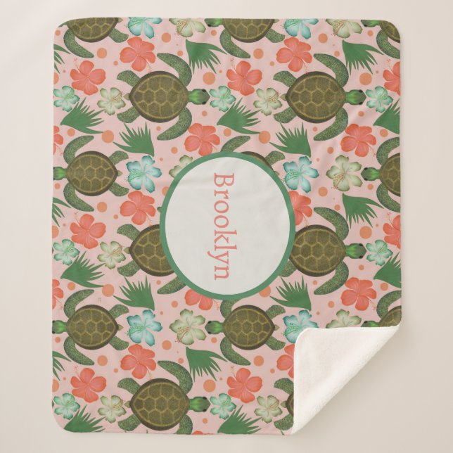 Sea Turtle & Hibiscus Blush Pink Floral Nursery Sherpa Blanket (Front)