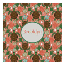 Sea Turtle & Hibiscus Coral Pink Floral Name