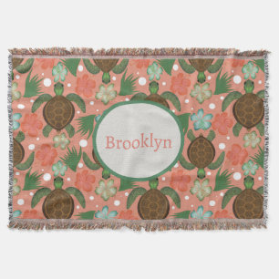 Sea Turtle & Hibiscus Coral Pink Floral Nursery  Throw Blanket