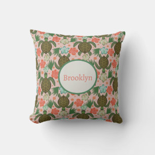Sea Turtle & Hibiscus Pink Floral Nursery Cushion