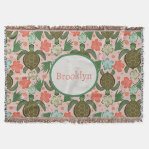 Sea Turtle & Hibiscus Pink Floral Nursery Throw Blanket