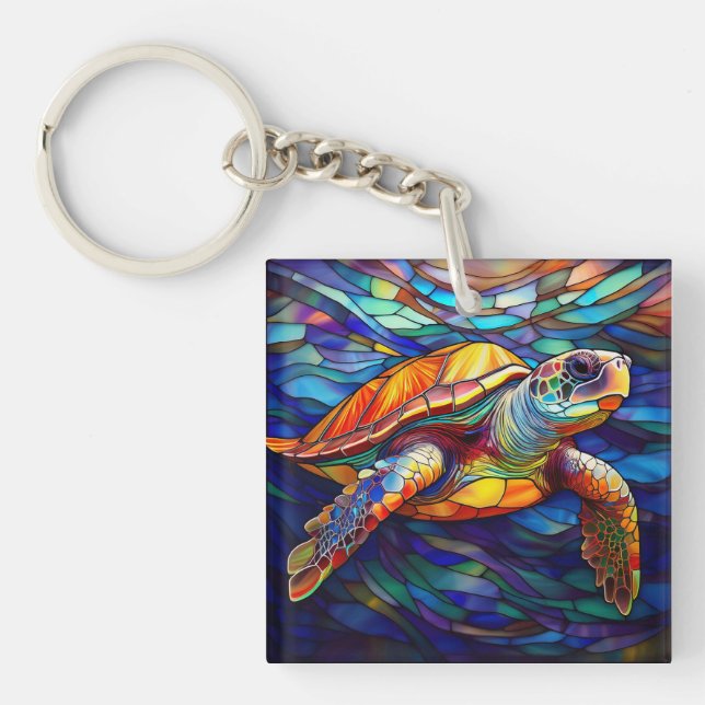 Sea turtle honu Stained glass art Key Ring (Front)
