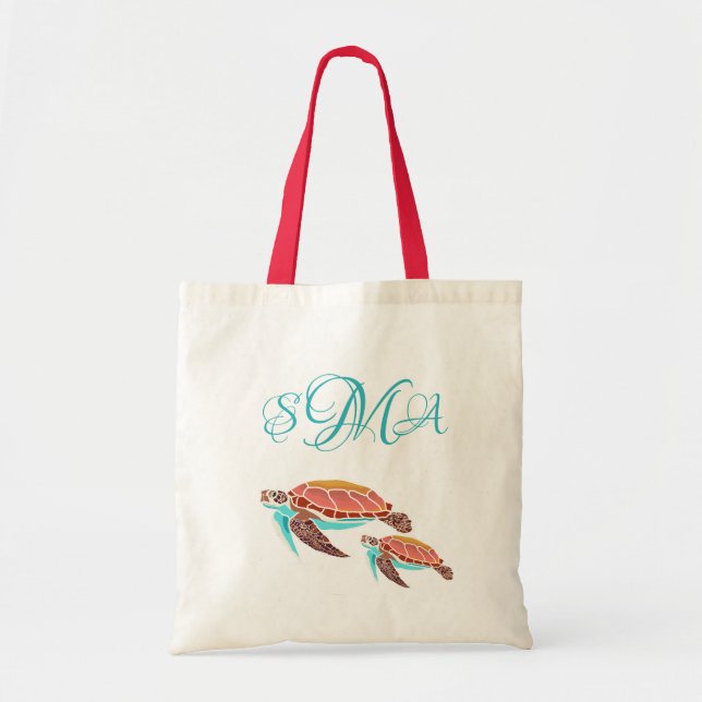 Sea Turtle Illustration Monogrammed Tote Bag (Front)