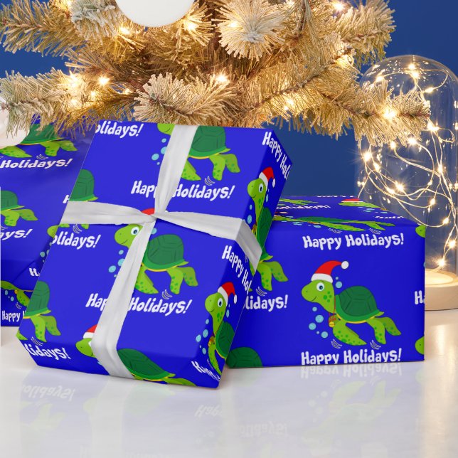 Sea Turtle in a Santa Hat Happy Holidays T-Shirt W Wrapping Paper (Holidays)