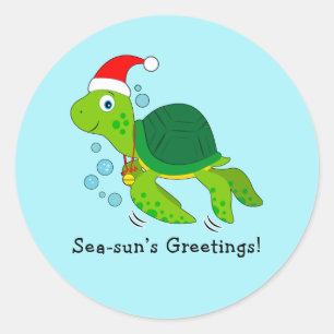 Sea Turtle in a Santa Hat Ocean Christmas Holiday  Classic Round Sticker