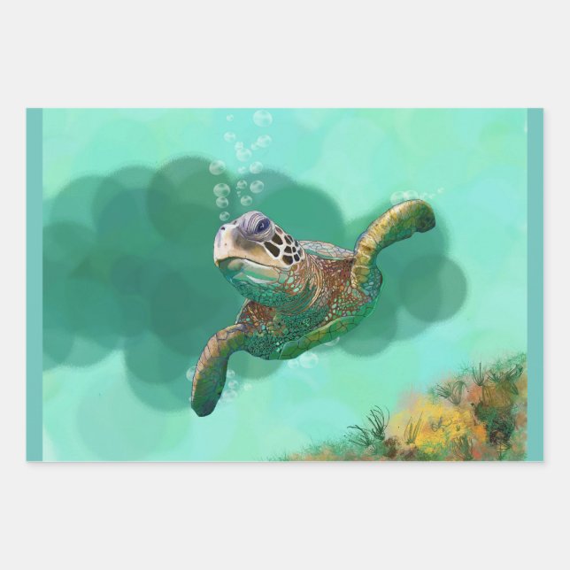 Sea Turtle in Bubbles Wrapping Paper Sheet (Front)