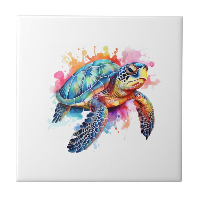Sea Turtle in Colourful Watercolor Ceramic Tile (Front)