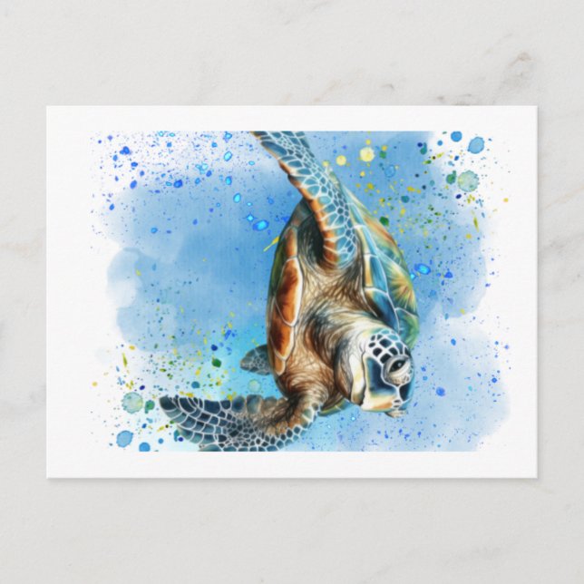 Sea turtle in ocean design on a postcard (Front)