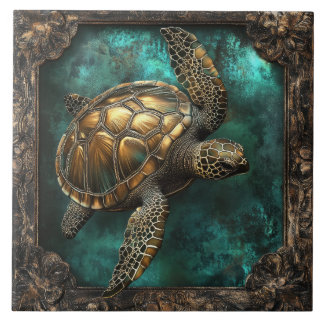 Sea Turtle in Ornate Frame Ceramic Tile