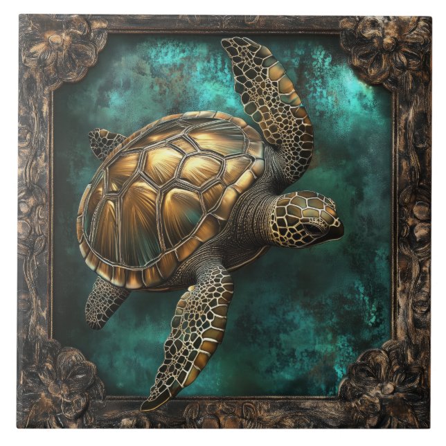 Sea Turtle in Ornate Frame Ceramic Tile (Front)
