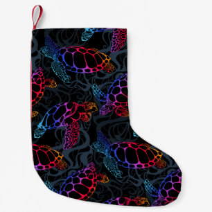 Sea turtle in psychedelic multicolor colors with w small christmas stocking