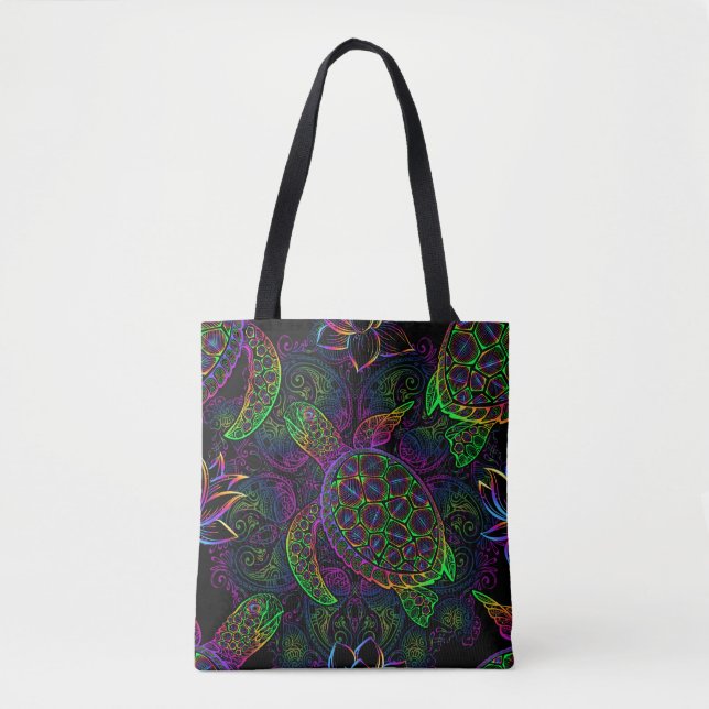 Sea turtle in psychedelic multicolor colours with  tote bag (Front)
