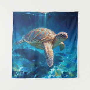 Sea Turtle in Shimmering Blue Waters Tapestry