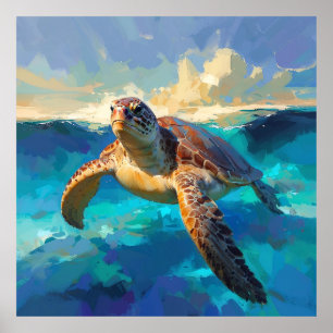 Sea Turtle in Vibrant Ocean Painting Poster