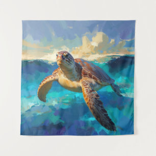 Sea Turtle in Vibrant Ocean Painting Tapestry