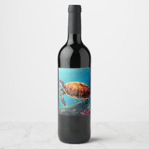 Sea Turtle in Watercolor Wine Label