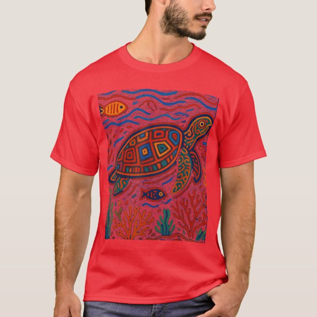 Sea Turtle Inspired by Mola Artwork of Panama Kuna T-Shirt (Front)