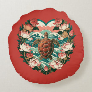 Sea Turtle Lotus Flower Seas Turtles Round Cushion